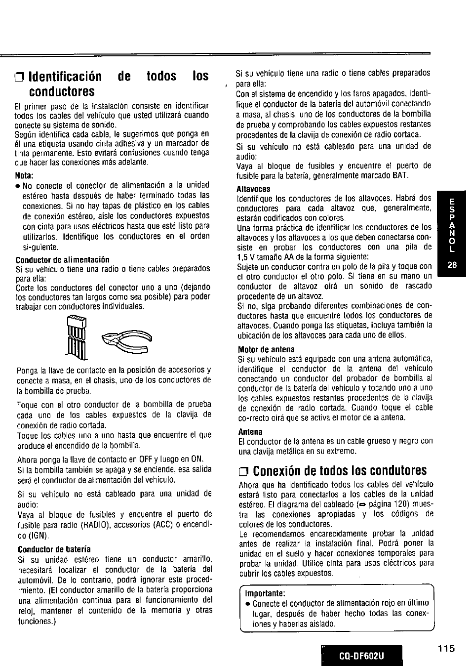 Identificación conductores, Conexión de todos los condutores, De todos los □ identificación conductores | Panasonic CQ-DF602U User Manual | Page 115 / 124