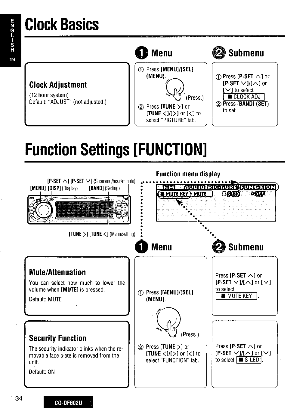 Function menu display, Mute/attenuation, Security function | Submenu, Function settings [function, Menu | Panasonic CQ-DF602U User Manual | Page 34 / 124