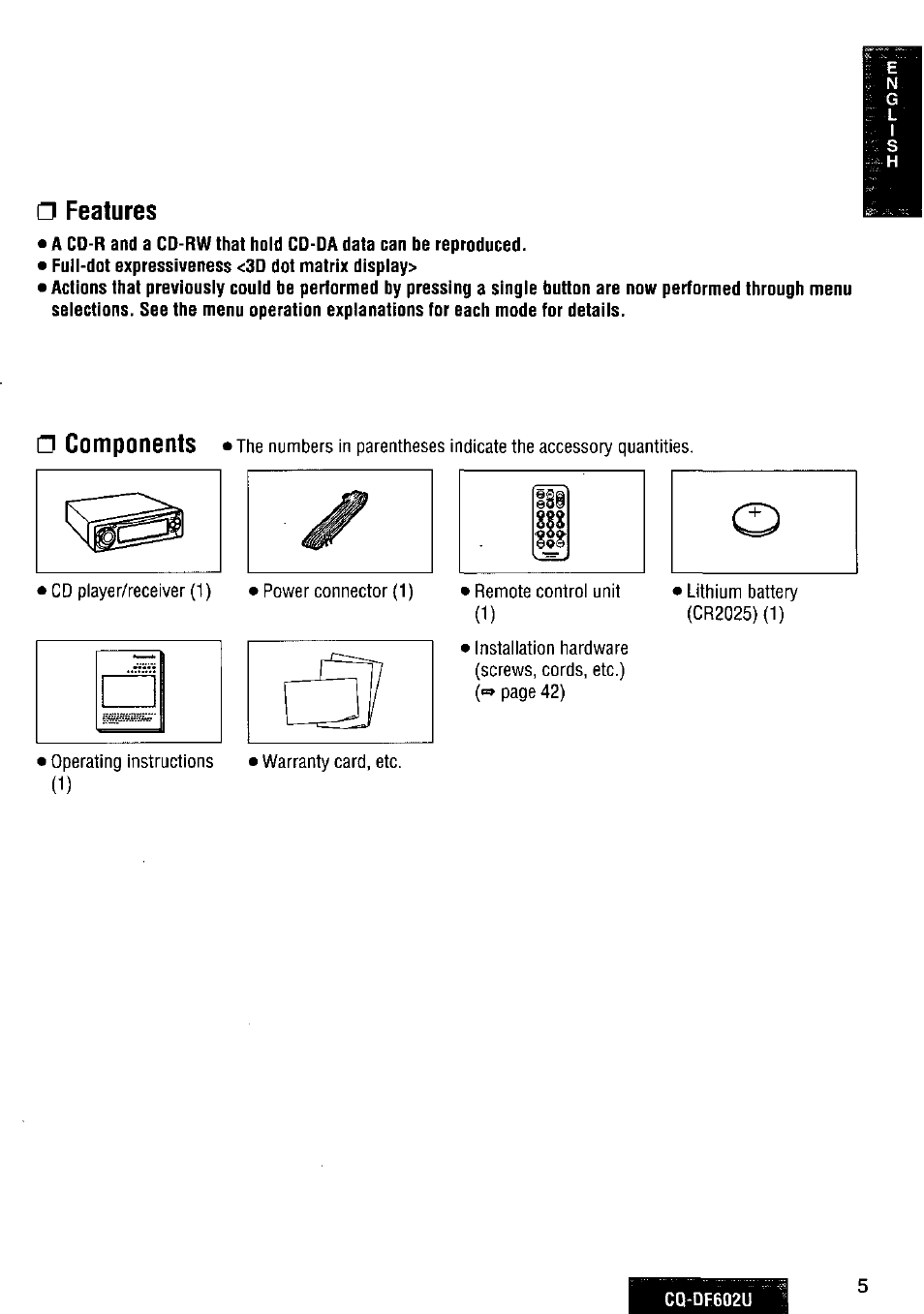 Features, Components | Panasonic CQ-DF602U User Manual | Page 5 / 124