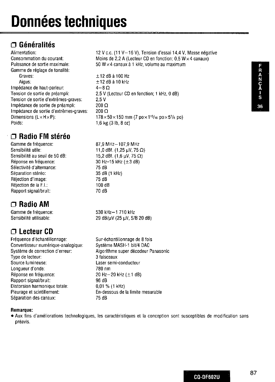 Données techniques, Généralités, Radio fm stéréo | Radio am, Lecteur cd, Remarque | Panasonic CQ-DF602U User Manual | Page 87 / 124