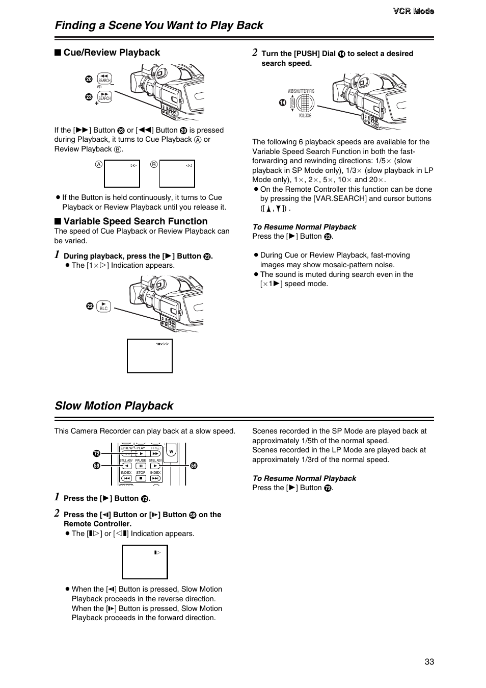Finding a scene you want to play back, Slow motion playback | Panasonic AG-DVC7 User Manual | Page 19 / 24