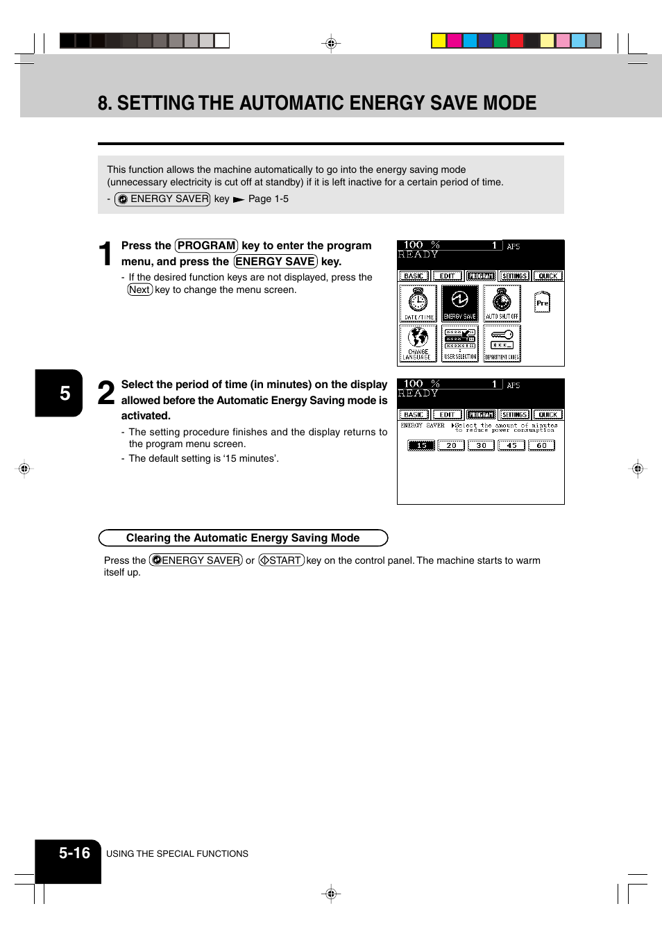 Setting the automatic energy save mode | Panasonic DP-6530 User Manual | Page 104 / 172