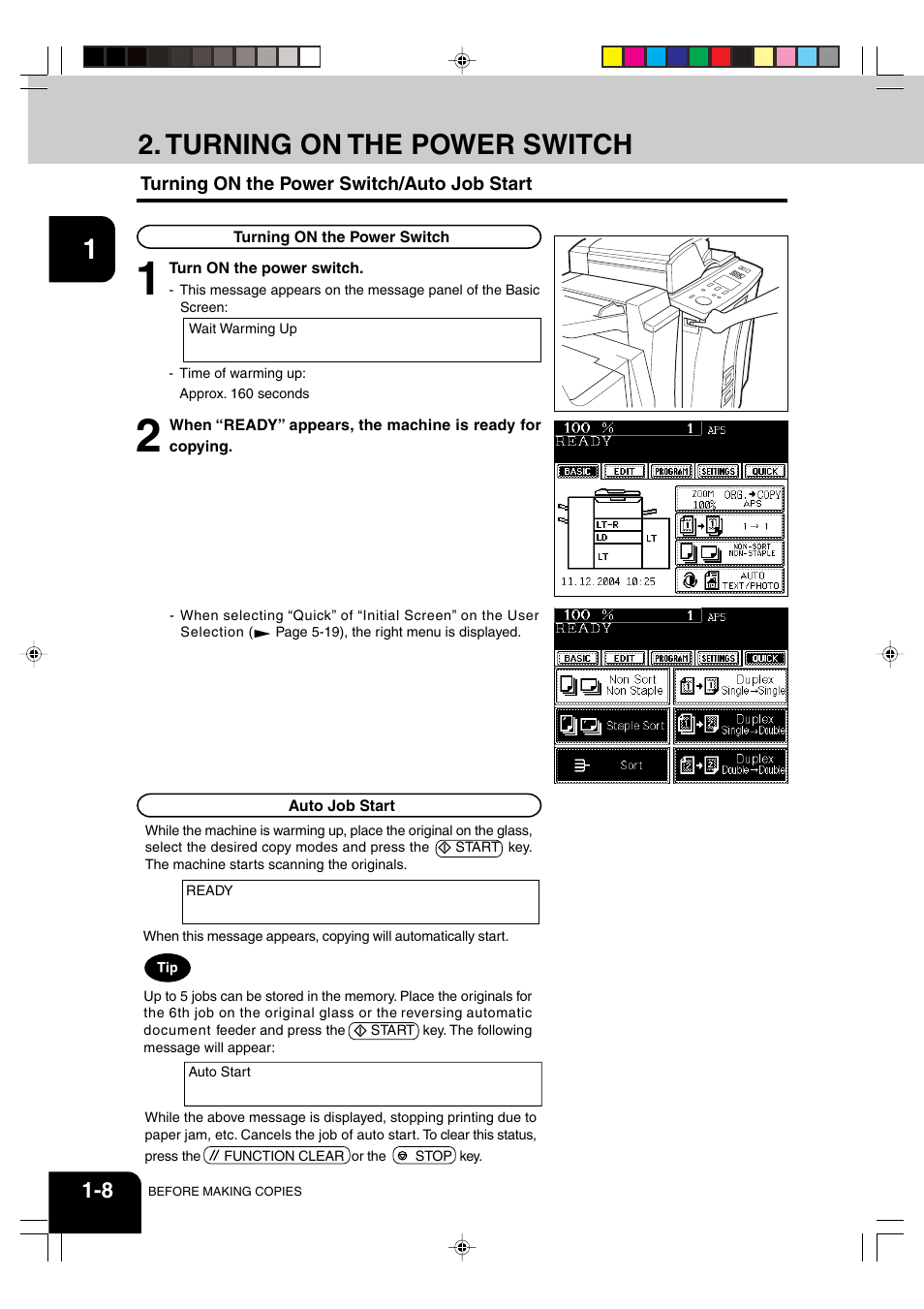 Turning on the power switch | Panasonic DP-6530 User Manual | Page 22 / 172