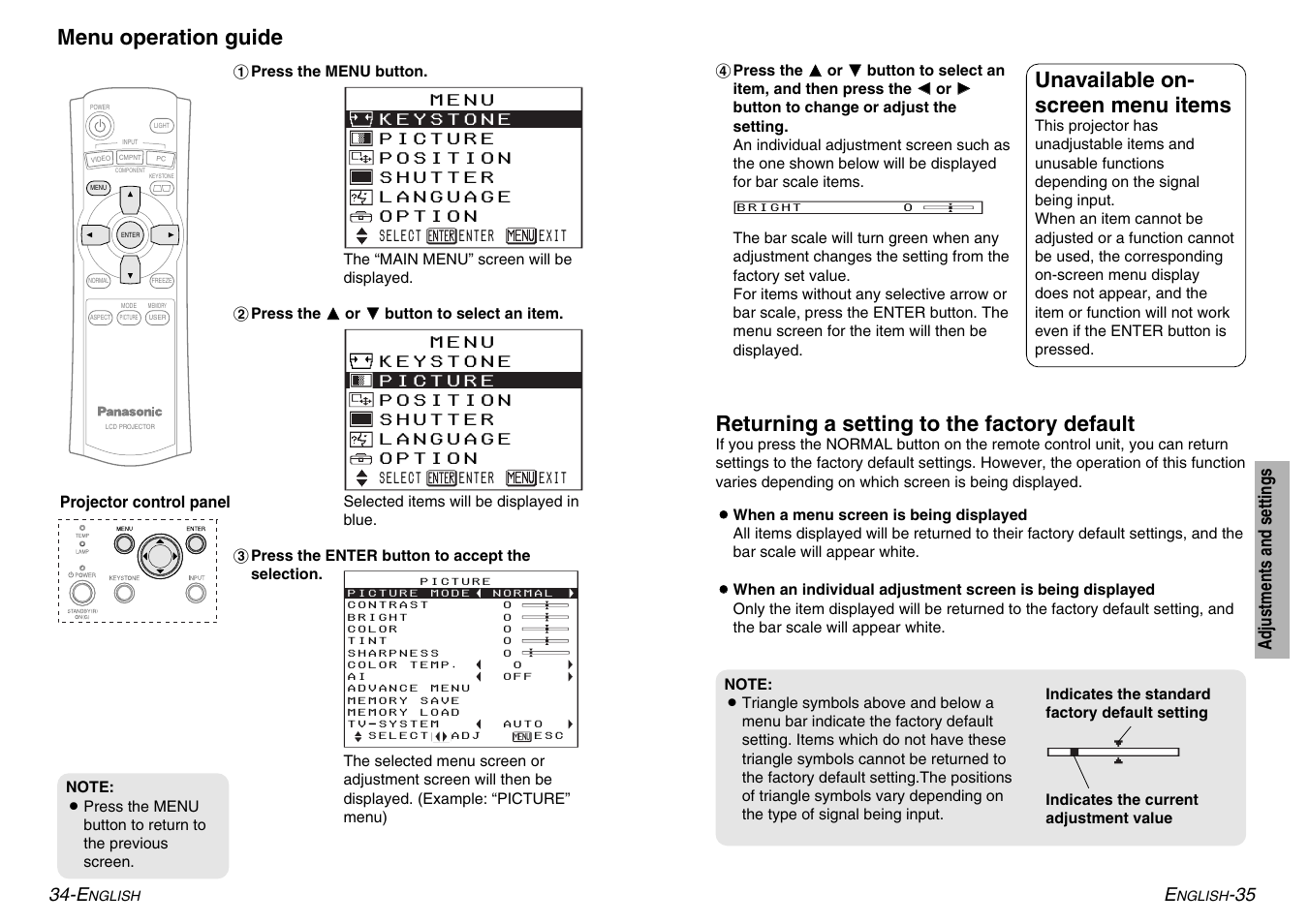 Menu operation guide, Unavailable on- screen menu items, Returning a setting to the factory default | Panasonic PT-AE500U User Manual | Page 18 / 30