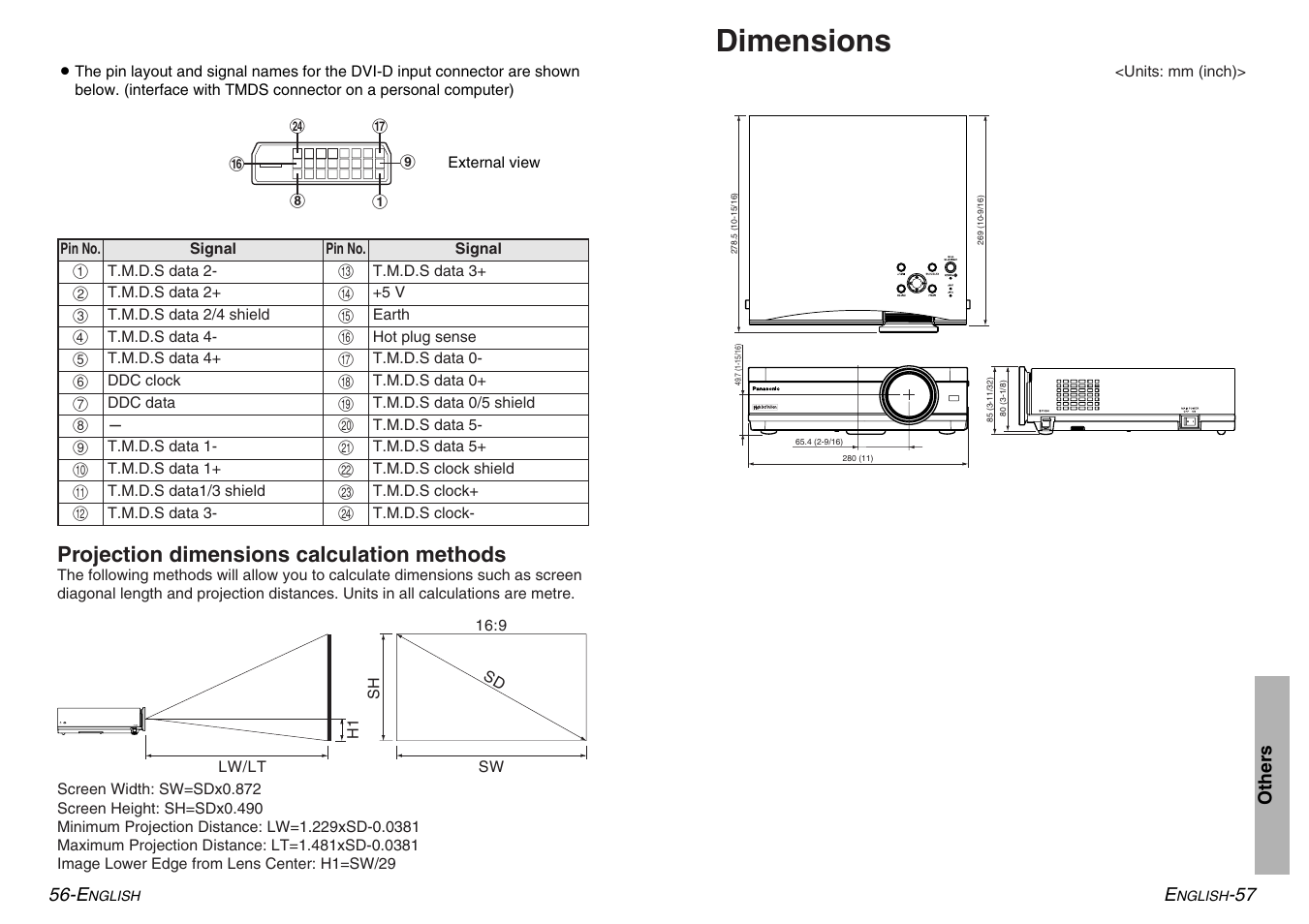 Dimensions, Projection dimensions calculation methods | Panasonic PT-AE500U User Manual | Page 29 / 30