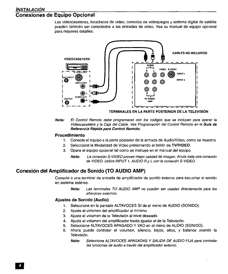 Conexiones de equipo opcional, Conexión del amplificador de sonido (to audio amp) | Panasonic SUPERFLAT CT-27SF26 User Manual | Page 24 / 36