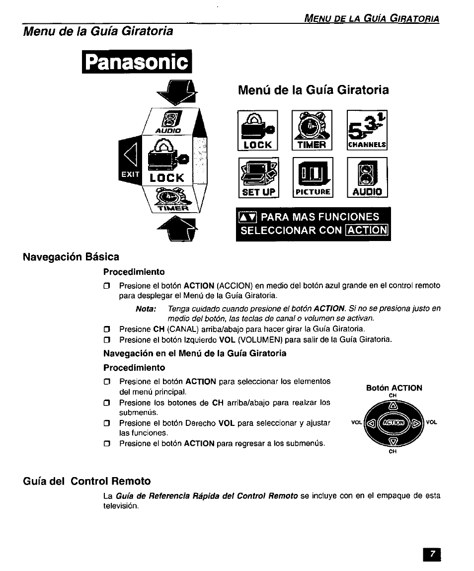 Menu de la gufa giratoria, Seleccionar con lactioi, Navegación básica | Guía del control remoto, Menú de la guía giratoria, Panasonic, Menù de la guía giratoria | Panasonic SUPERFLAT CT-27SF26 User Manual | Page 27 / 36