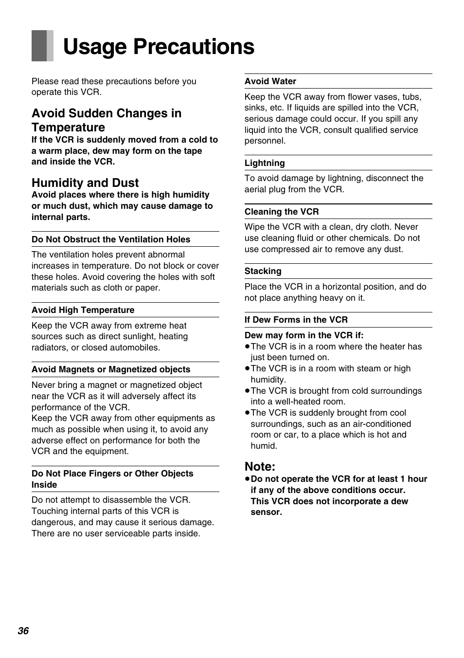 Usage precautions, Avoid sudden changes in temperature, Humidity and dust | Panasonic AG-1350P User Manual | Page 36 / 40
