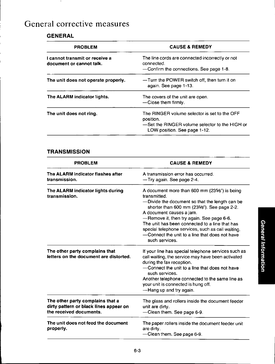 General corrective measures, General, General corrective measures -3 | Transmission | Panasonic KXF150 User Manual | Page 111 / 132