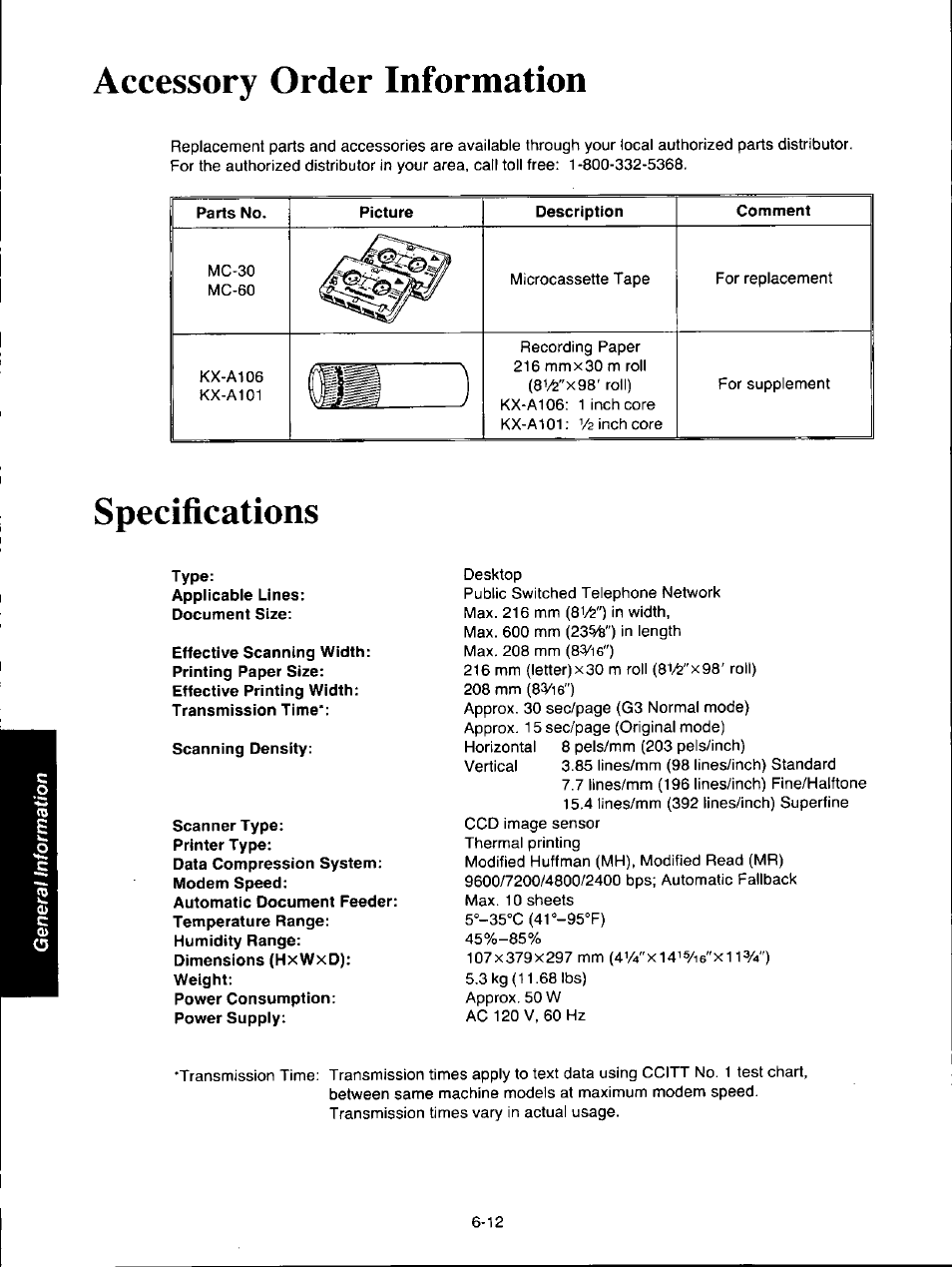 Accessory order information, Specifications, Accessory order information -12 | Panasonic KXF150 User Manual | Page 120 / 132