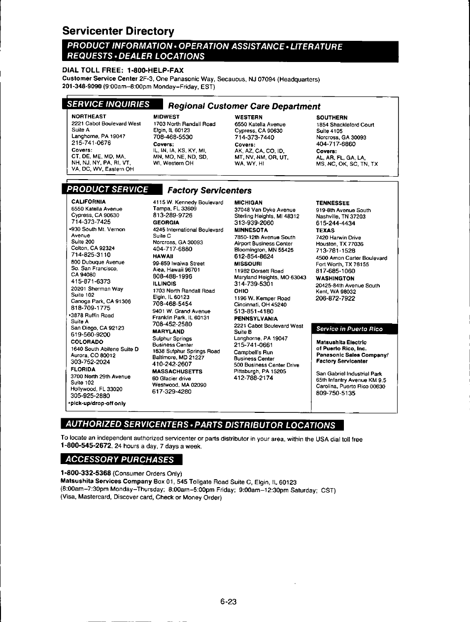 Servicenter directory, Service inquiries, Regional customer care department | Product service, Factory servicenters, Accessory purchases | Panasonic KXF150 User Manual | Page 131 / 132