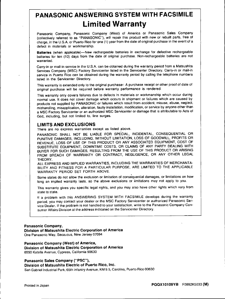 Limited warranty, Limits and exclusions, Panasonic company | Panasonic company (west) of america, Panasonic sales company (“psc”), Panasonic answering system with facsimile | Panasonic KXF150 User Manual | Page 132 / 132