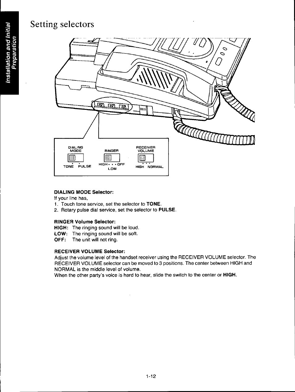 Setting selectors, Setting selectors -12 | Panasonic KXF150 User Manual | Page 20 / 132