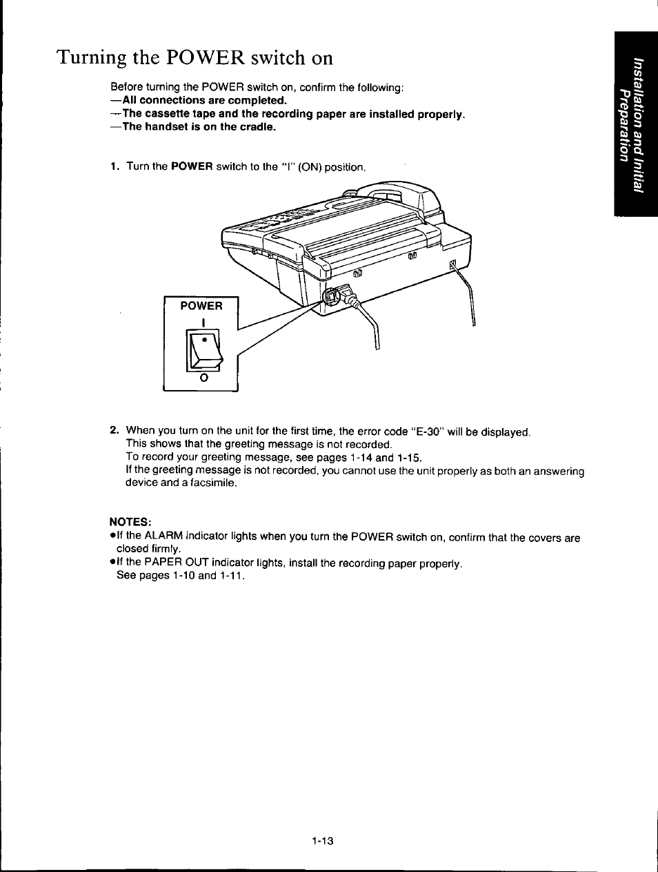 Turning the power switch on, Turning the power switch on -13 | Panasonic KXF150 User Manual | Page 21 / 132