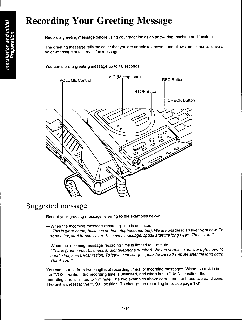 Recording your greeting message, Suggested message, Recording your greeting message -14 | Suggested message -14 | Panasonic KXF150 User Manual | Page 22 / 132