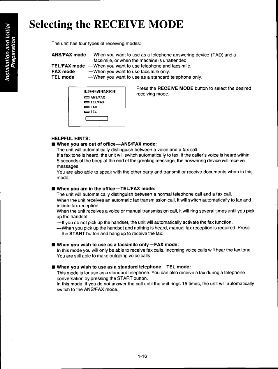 Selecting the receive mode | Panasonic KXF150 User Manual | Page 24 / 132
