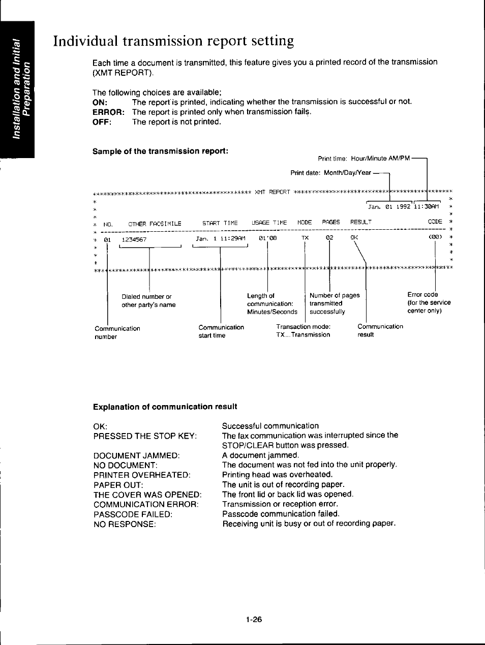 Individual transmission report setting, Explanation of communication result, Individual transmission report setting -26 | Panasonic KXF150 User Manual | Page 34 / 132