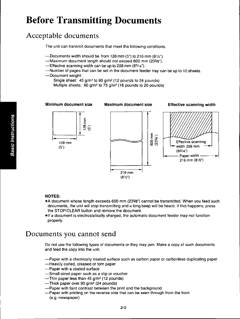 Before transmitting documents, Acceptable documents, Documents you cannot send | Before transmitting documents -2, Acceptable documents -2, Documents you cannot send -2 | Panasonic KXF150 User Manual | Page 44 / 132