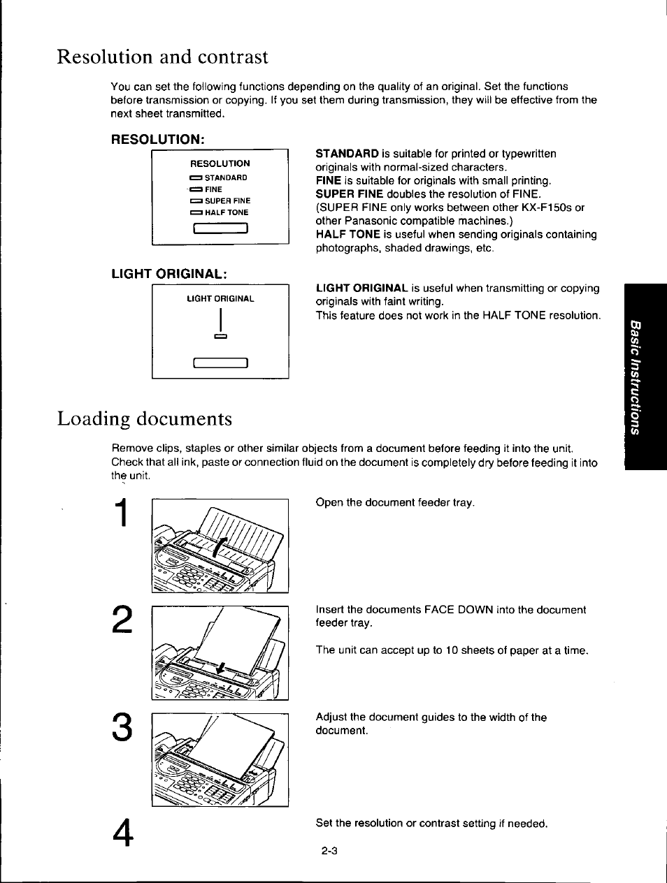 Resolution and contrast, Resolution, Light original | Loading documents, Resolution and contrast -3, Loading documents -3 | Panasonic KXF150 User Manual | Page 45 / 132