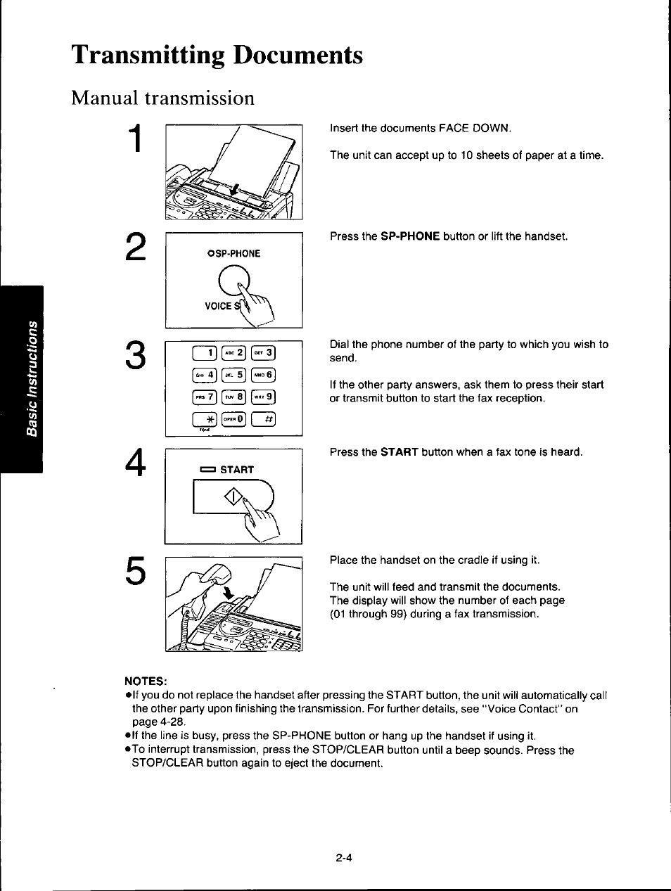 Transmitting documents, Manual transmission, Notes | Transmitting documents -4, Manual transmission -4 | Panasonic KXF150 User Manual | Page 46 / 132