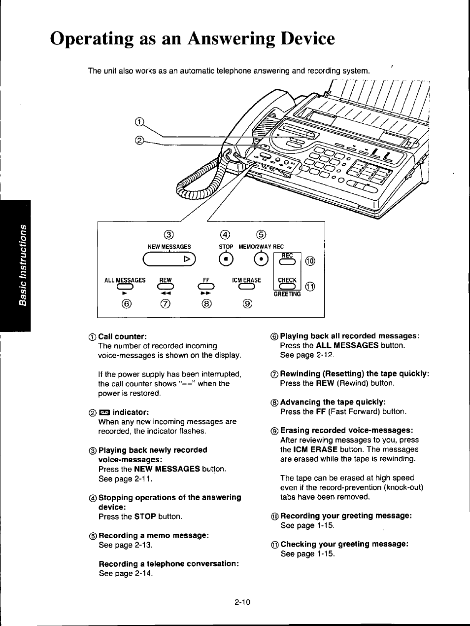 Operating as an answering device, Recording a telephone conversation, Operating as an answering device -10 | Panasonic KXF150 User Manual | Page 52 / 132