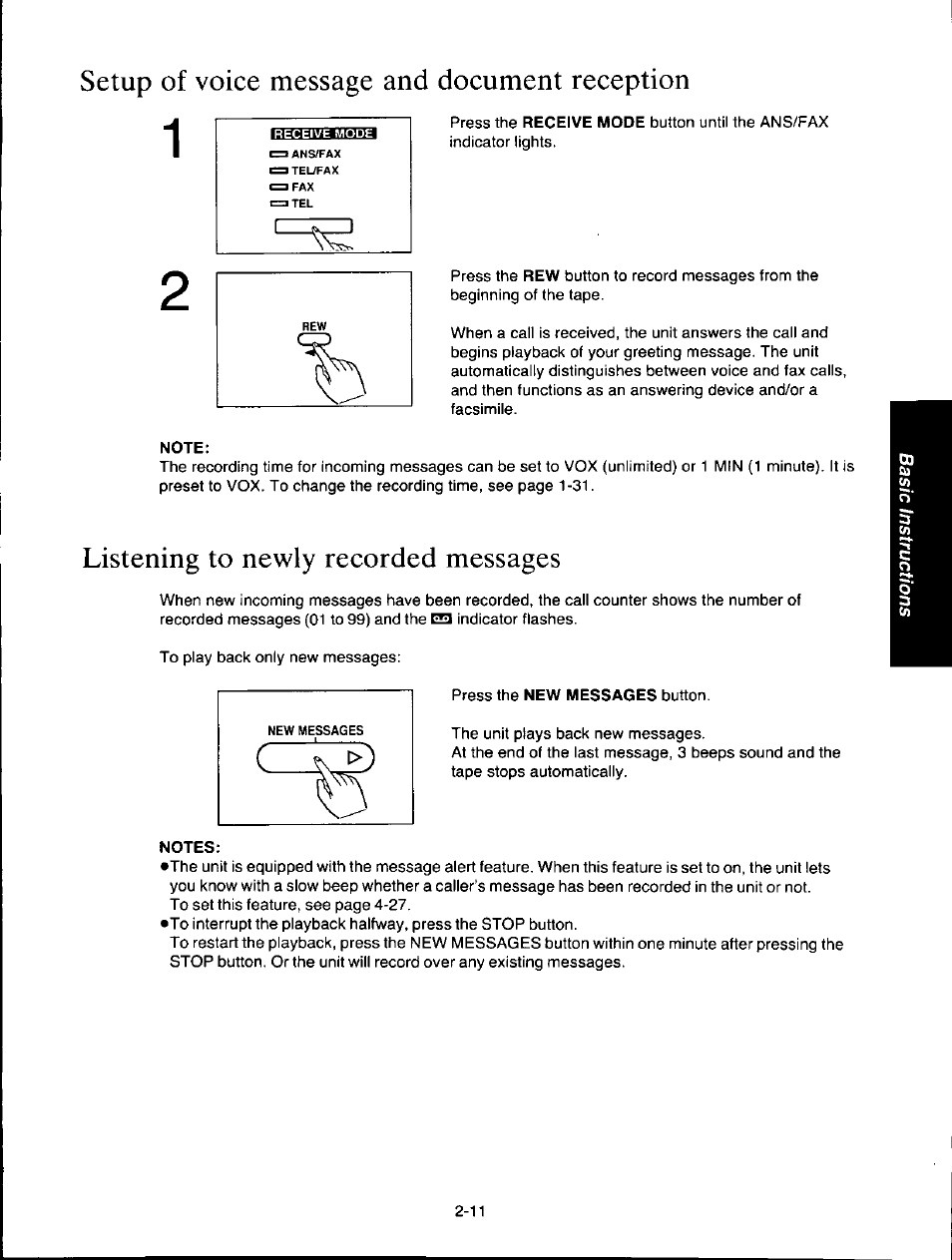 Note, Listening to newly recorded messages, Notes | Listening to newly recorded messages -11, Setup of voice message and document reception | Panasonic KXF150 User Manual | Page 53 / 132