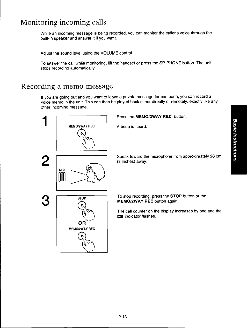 Monitoring incoming calls, Recording a memo message, Monitoring incoming calls -13 | Recording a memo message -13 | Panasonic KXF150 User Manual | Page 55 / 132