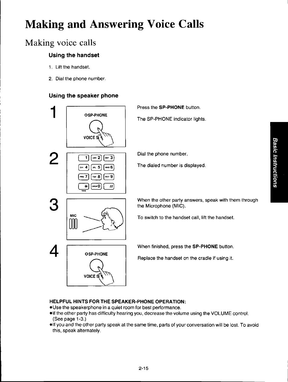 Making and answering voice calls, Making voice calls, Using the handset | Using the speaker phone, Helpful hints for the speaker-phone operation, Making and answering voice calls -15, Making voice calls -15, J ^jkl 5 | Panasonic KXF150 User Manual | Page 57 / 132