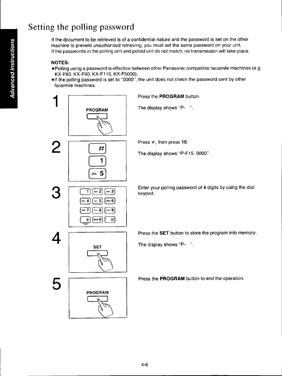 Setting the polling password, Notes, Setting the polling password -6 | Czh) f | Panasonic KXF150 User Manual | Page 72 / 132