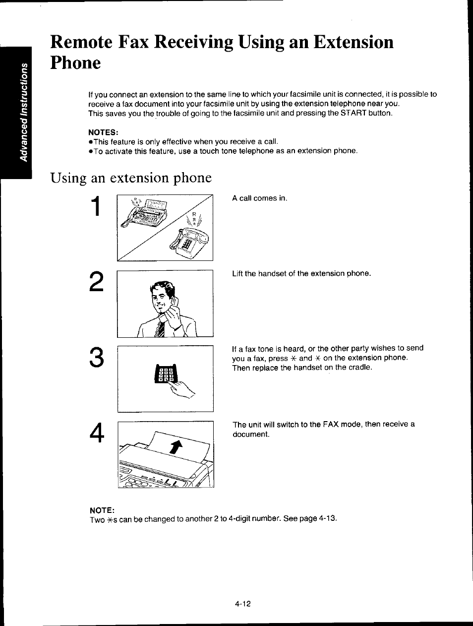 Remote fax receiving using an extension phone, Notes, Using an extension phone | Note, Remote fax receiving using an extension phone -12, Using an extension phone -12 | Panasonic KXF150 User Manual | Page 78 / 132