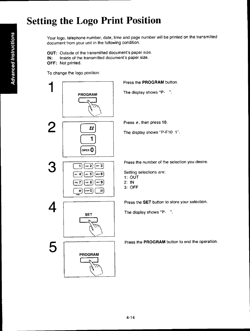 Setting the logo print position, Setting the logo print position -14, 3 ged [ hwo 0 j | Cileidq | Panasonic KXF150 User Manual | Page 80 / 132