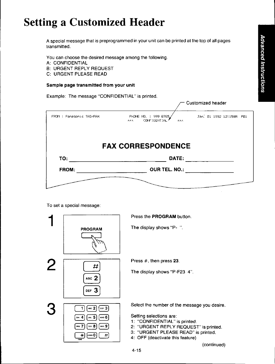Setting a customized header, Setting a customized header -15, Chi 4 i i | 5 j i mmo 6 j | Panasonic KXF150 User Manual | Page 81 / 132