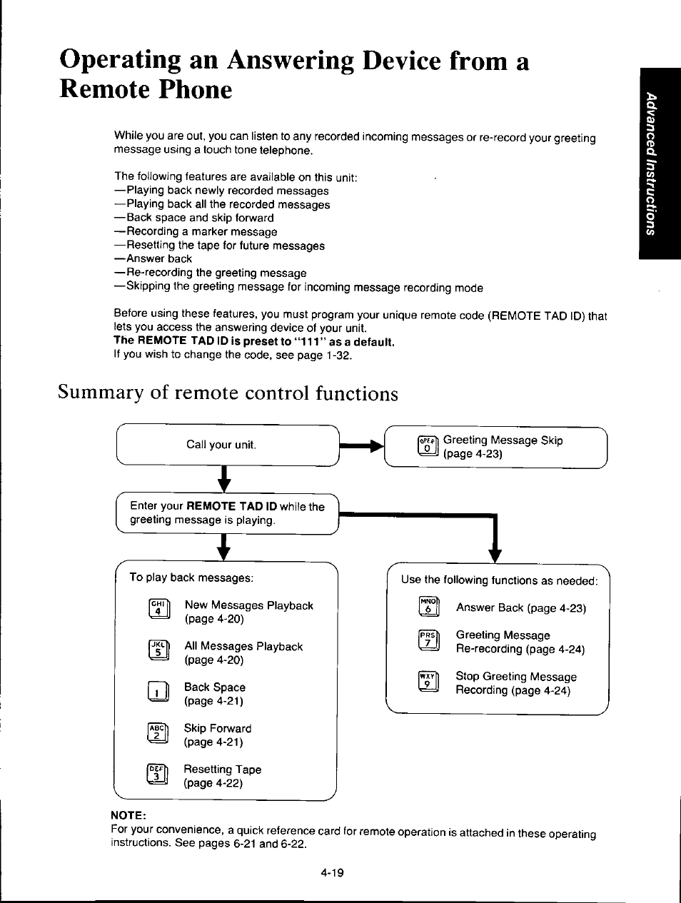 Operating an answering device from a remote phone, Summary of remote control functions, Note | Summary of remote control functions -19 | Panasonic KXF150 User Manual | Page 85 / 132