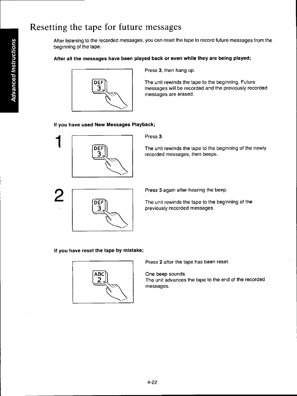 Resetting the tape for future messages, If you have used new messages playback, If you have reset the tape by mistake | Resetting the tape for future messages -22 | Panasonic KXF150 User Manual | Page 88 / 132