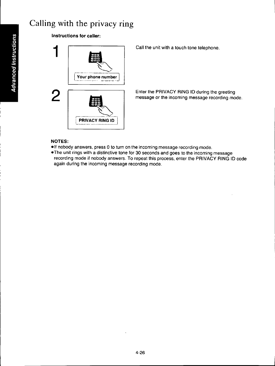 Calling with the privacy ring, Instructions for caller, Notes | Calling with the privacy ring -26 | Panasonic KXF150 User Manual | Page 92 / 132