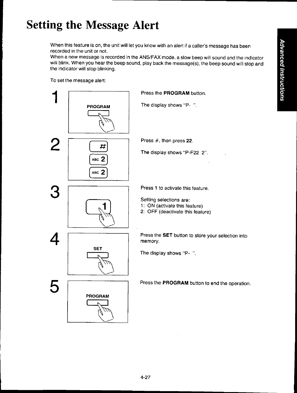 Setting the message alert, Setting the message alert -27 | Panasonic KXF150 User Manual | Page 93 / 132