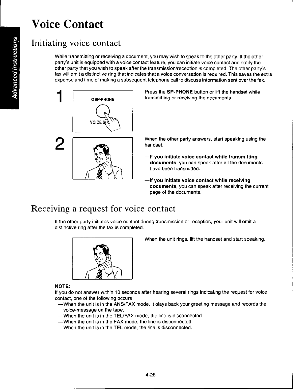 Voice contact, Initiating voice contact, If you initiate voice contact whiie receiving | Receiving a request for voice contact, Voice contact -28, Initiating voice contact -28, Receiving a request for voice contact -28 | Panasonic KXF150 User Manual | Page 94 / 132