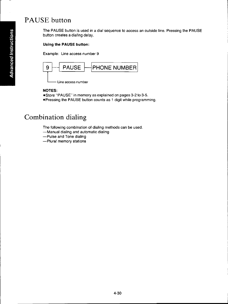 Pause button, Using the pause button, Combination dialing | Pause button -30, Combination dialing -30, 9pause —i phone number | Panasonic KXF150 User Manual | Page 96 / 132
