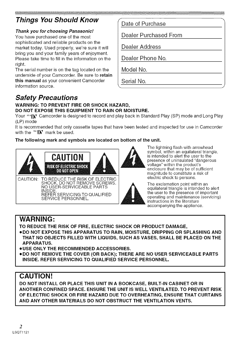 Warning, Caution, Things you should know | Safety precautions | Panasonic PV-GS80 User Manual | Page 2 / 81