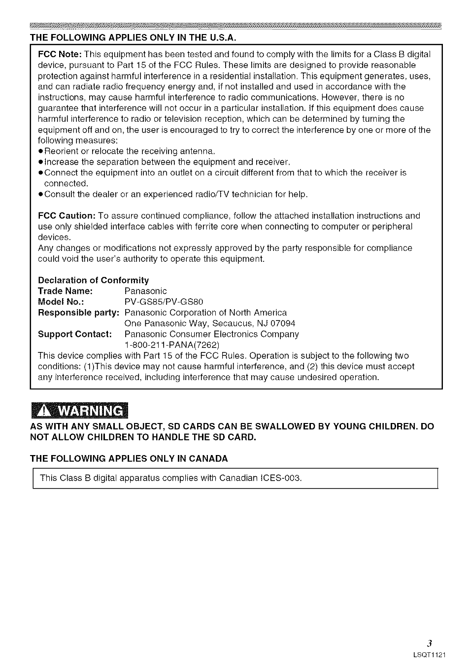 Warning | Panasonic PV-GS80 User Manual | Page 3 / 81