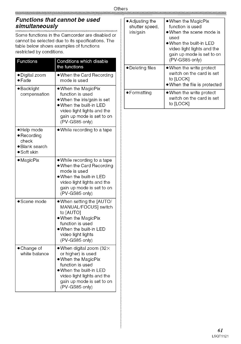 Functions that cannot be used simultaneously, Others | Panasonic PV-GS80 User Manual | Page 61 / 81