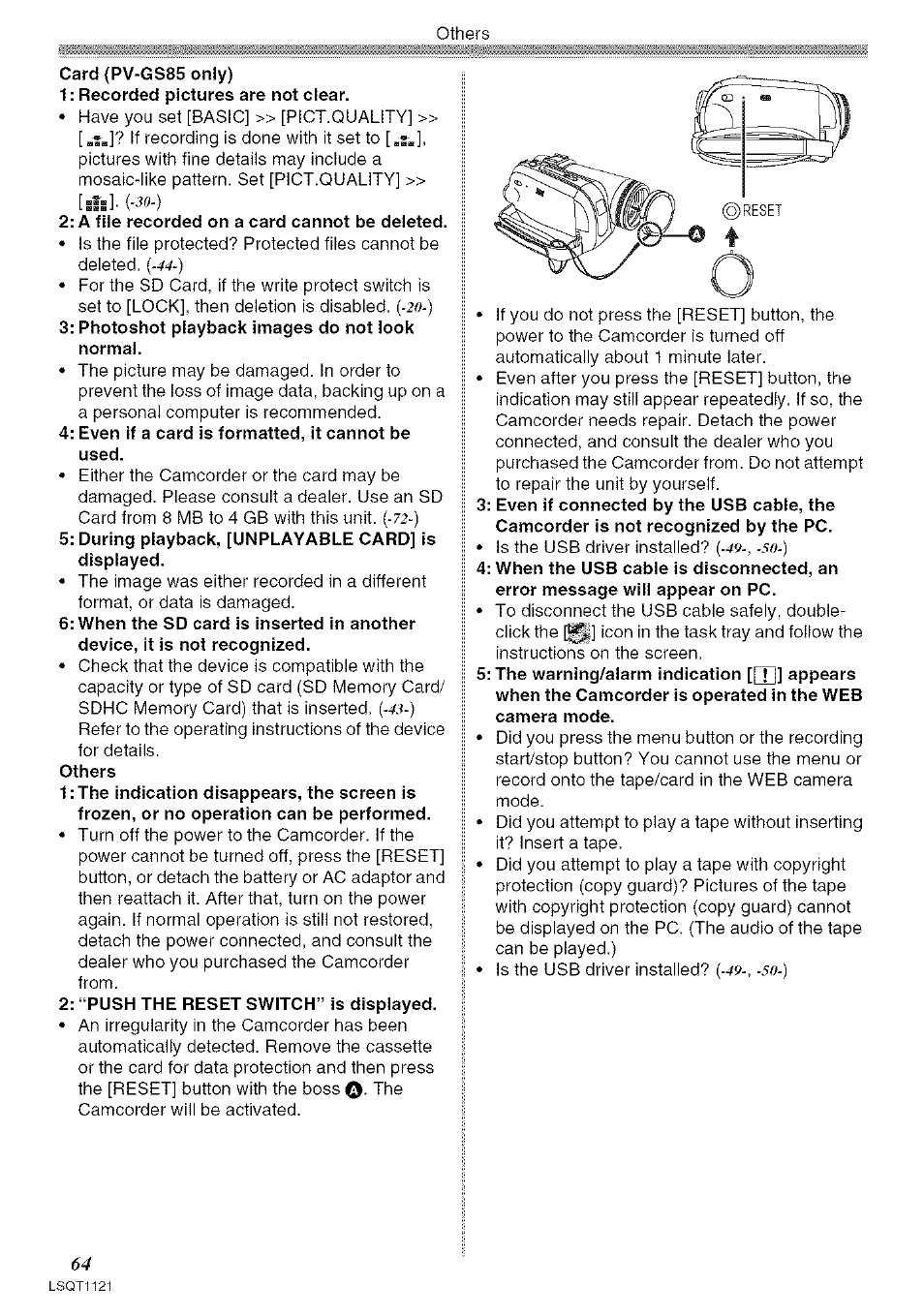 A file recorded on a card cannot be deleted, Photoshot playback images do not look normal, Even if a card is formatted, it cannot be used | “push the reset switch” is displayed | Panasonic PV-GS80 User Manual | Page 64 / 81