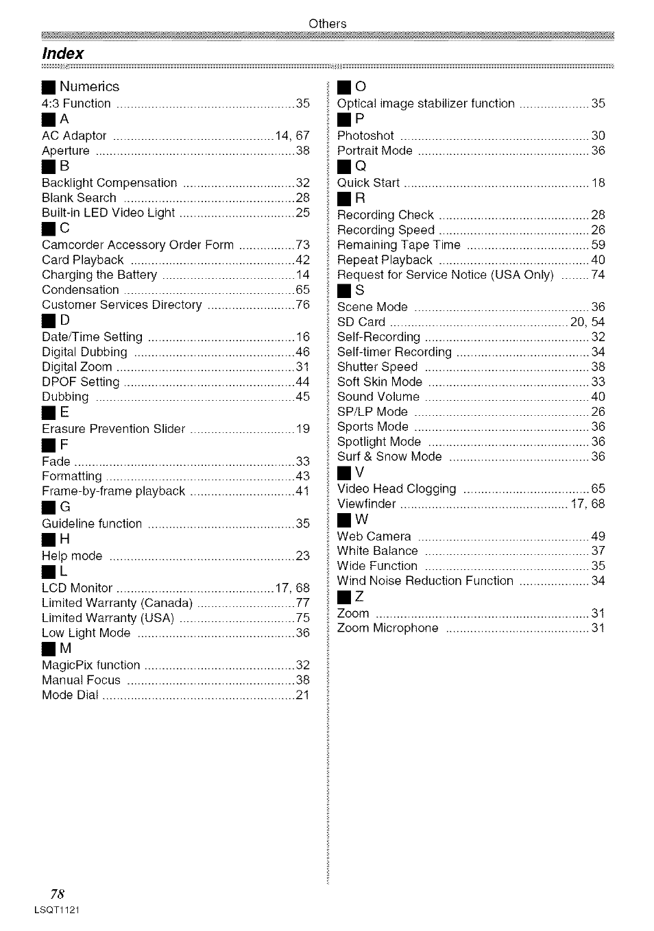 I numerics, Index | Panasonic PV-GS80 User Manual | Page 78 / 81
