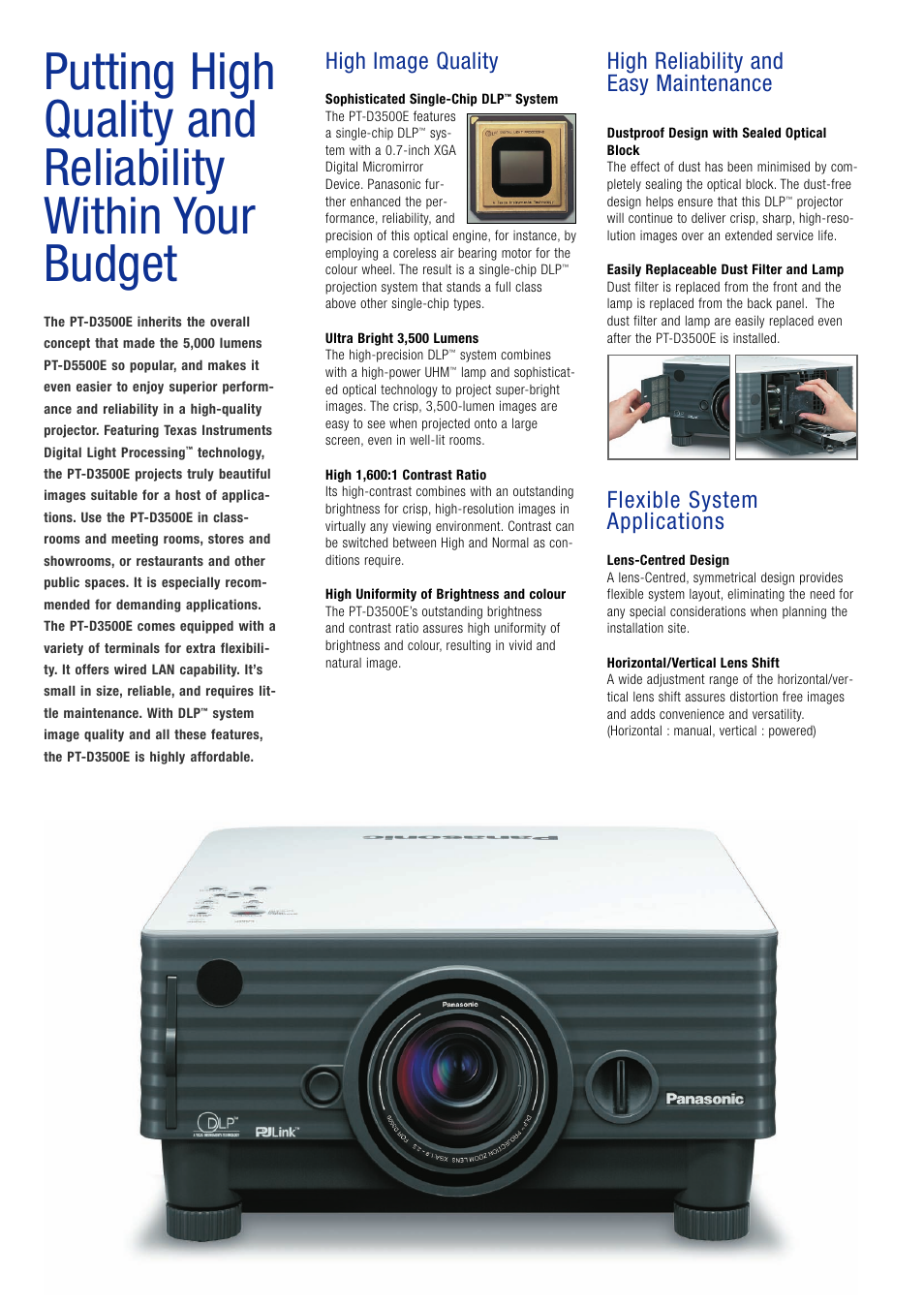 High image quality, High reliability and easy maintenance, Flexible system applications | Panasonic PT-D3500E User Manual | Page 2 / 4