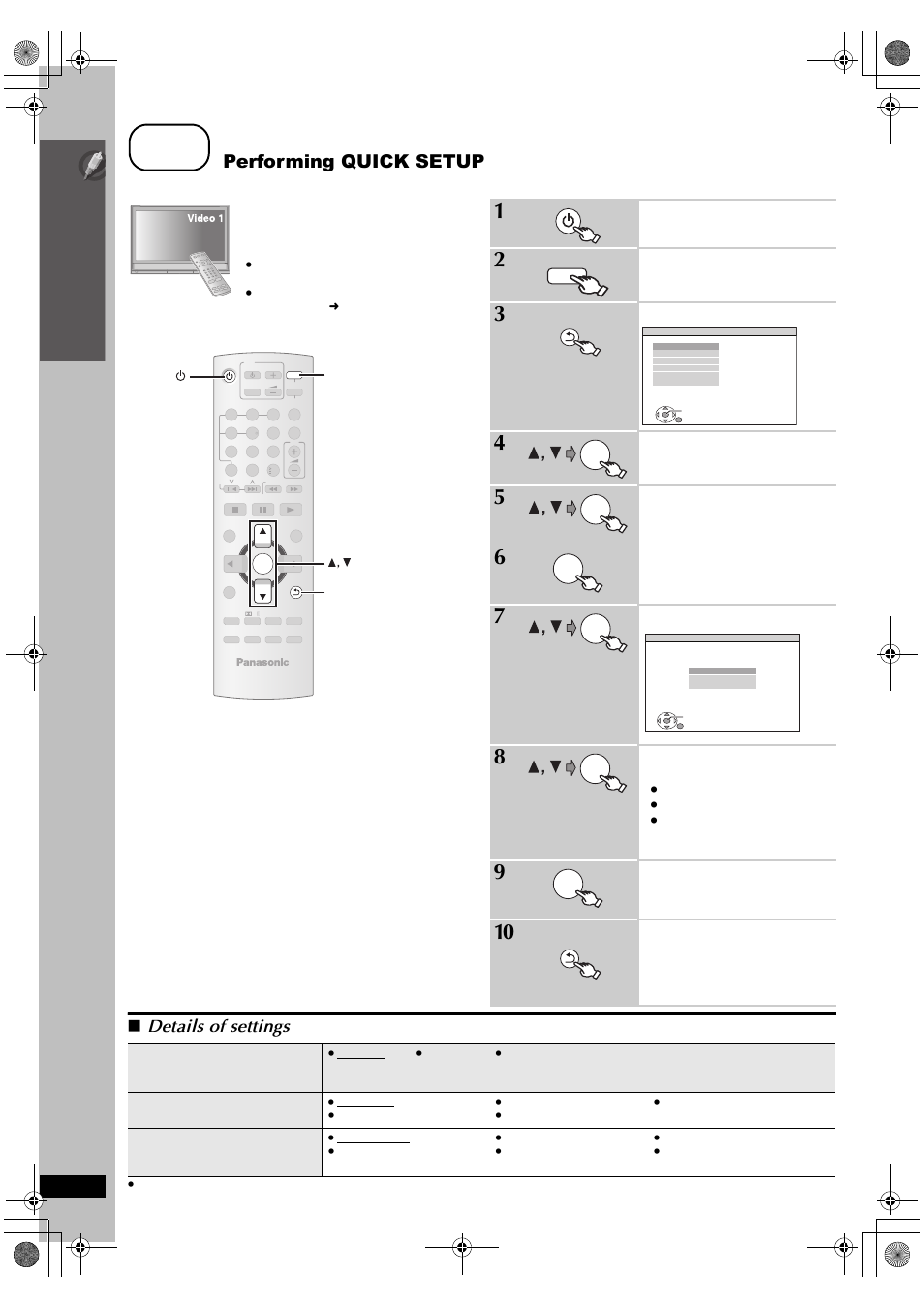 Step, Performing quick setup, Details of settings | Si mp le s etu p, Turn on the unit, Select “dvd/cd, Show the setup menu, Select “others, Select “quick setup, Select “set | Panasonic SC-PT665 User Manual | Page 10 / 72