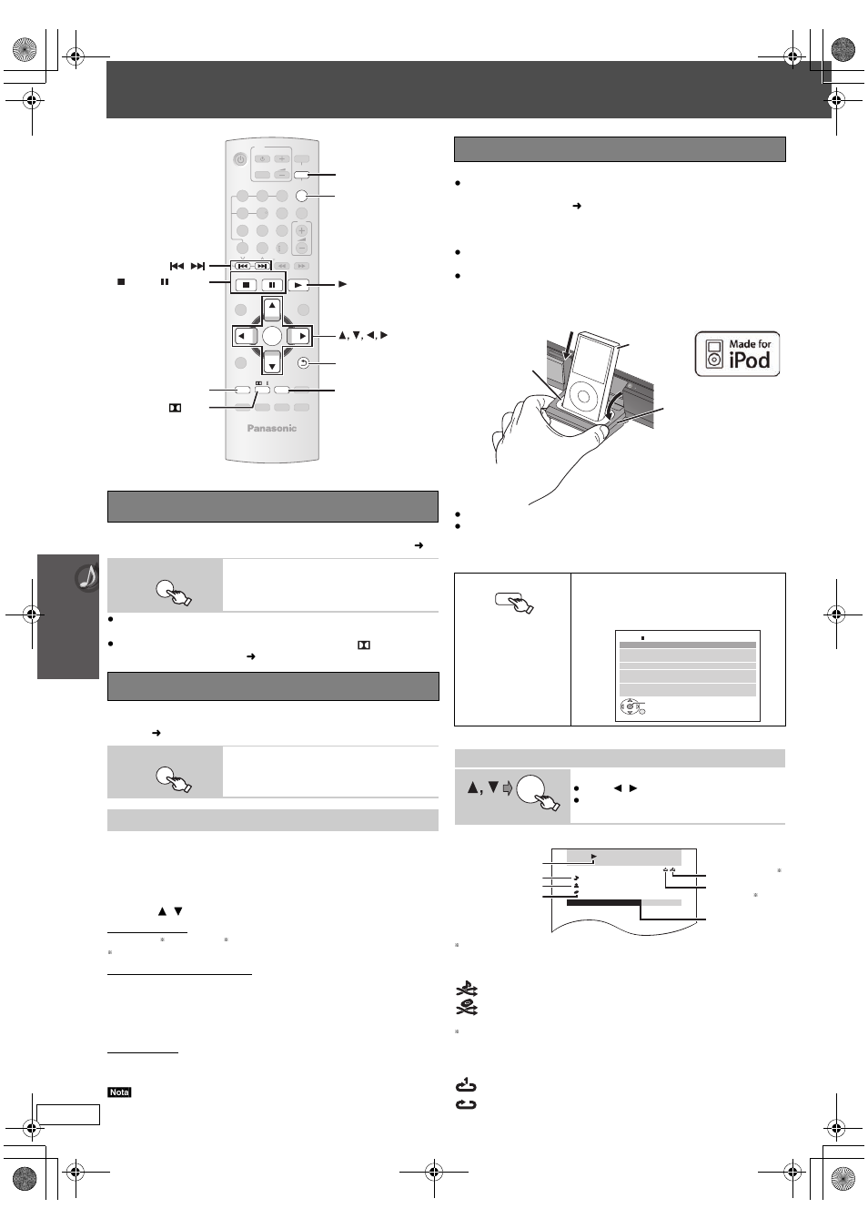 Control de otro equipo, Reproducción del audio del televisor, Uso del audio digital | Uso del ipod, Con tr ol de o tr o eq ui po, Ajustes de entrada del audio digital, Reproducción de música | Panasonic SC-PT665 User Manual | Page 64 / 72