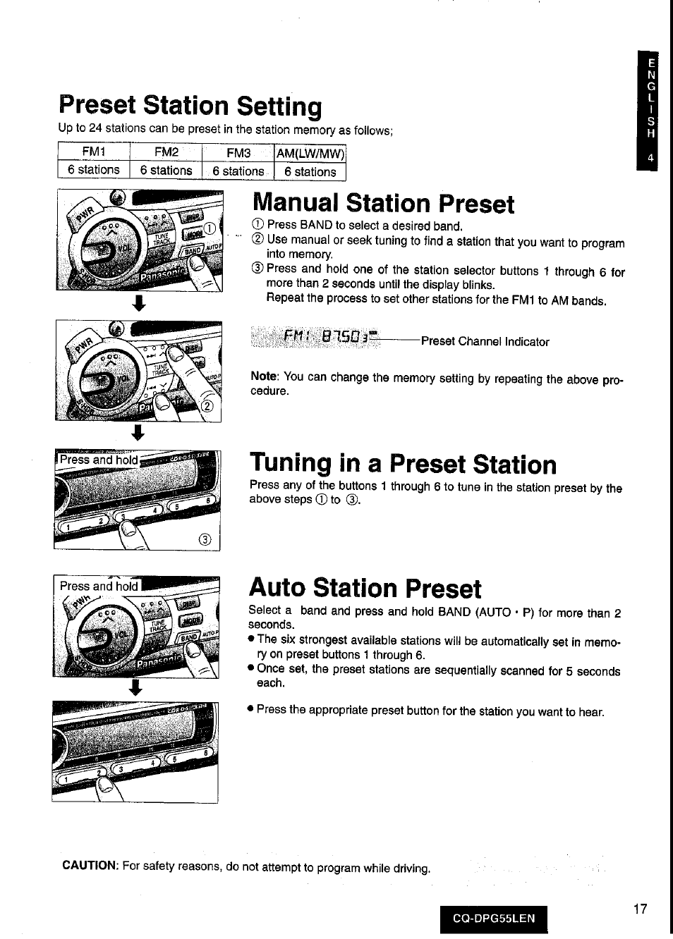 Preset station setting, Manuai station preset, Tuning in a preset station | Auto station preset | Panasonic cq-dpg55len User Manual | Page 17 / 43