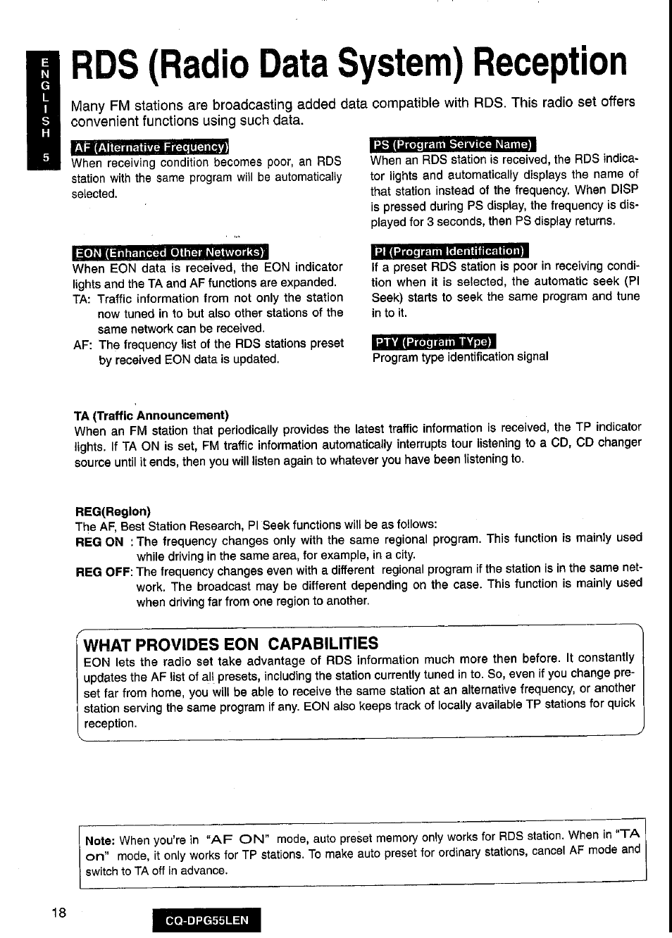 Ta (traffic announcement), Reg(reg)on), Rds (radio data system) reception | Panasonic cq-dpg55len User Manual | Page 18 / 43