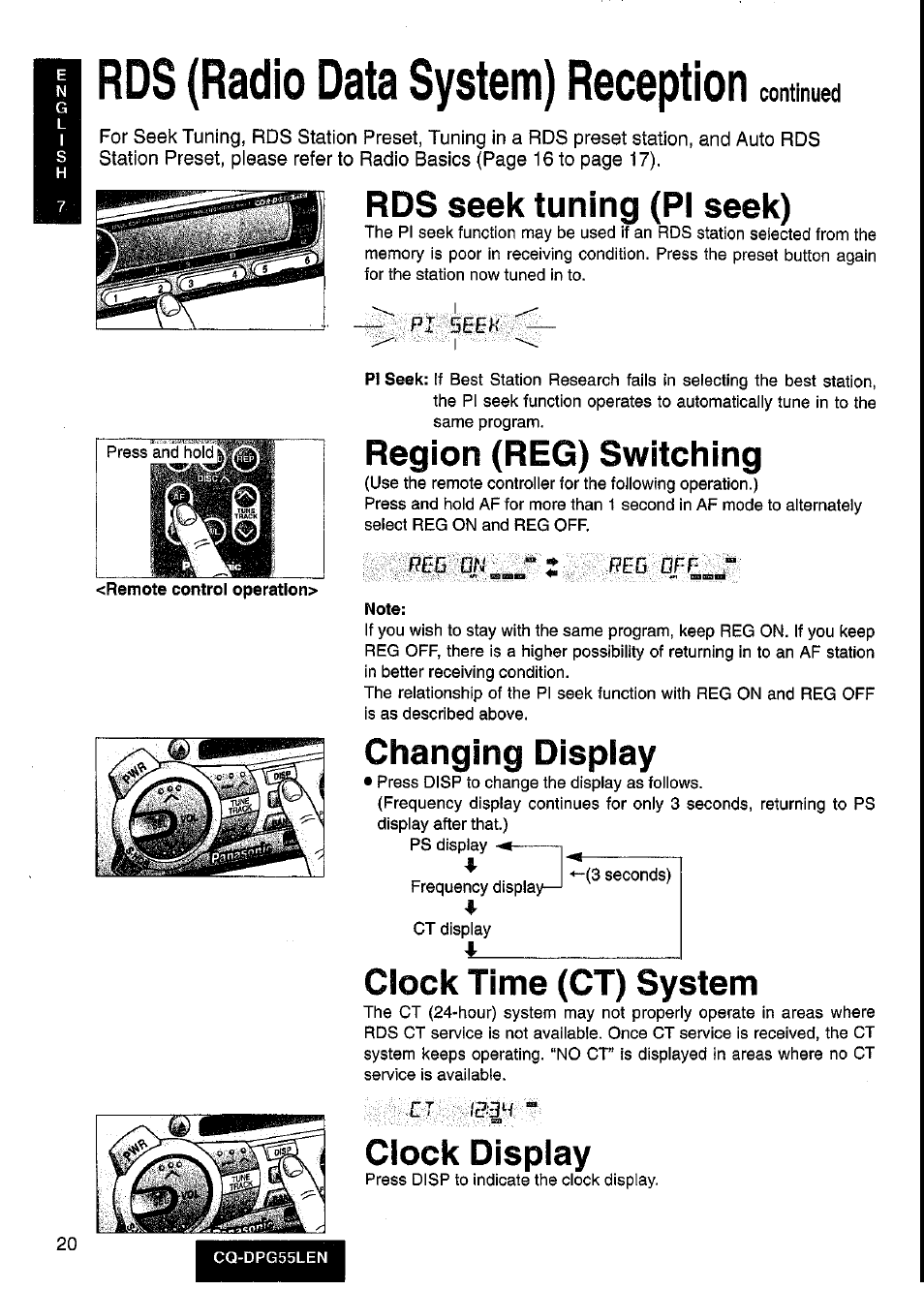 Note, Rds (radio data system) reception, Rds seek tuning (pi seek) | Region (reg) switching, Changing display, Clock time (ct) system, Clock display, Continued, Peg off | Panasonic cq-dpg55len User Manual | Page 20 / 43