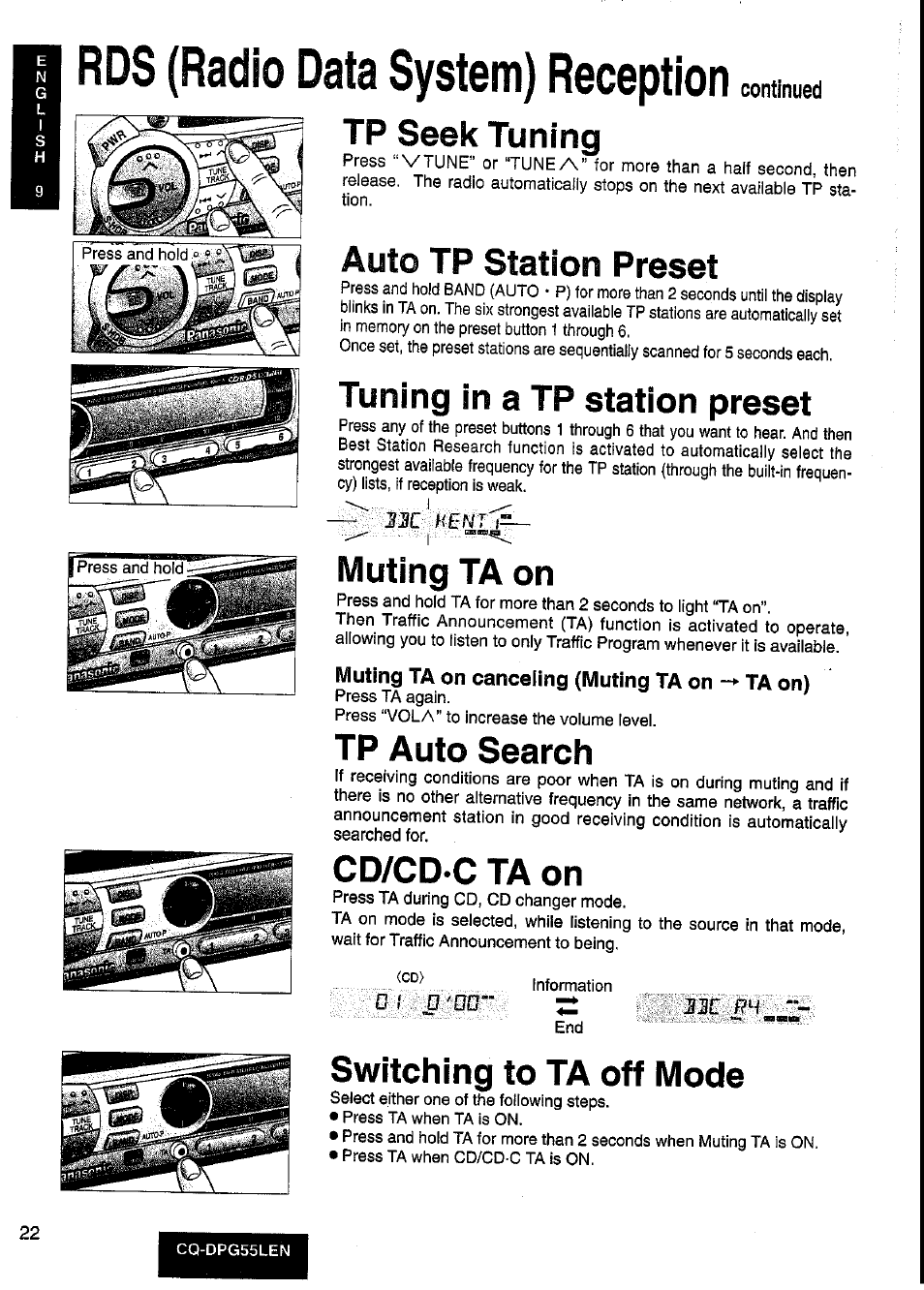 Muting ta on canceling (muting ta on ta on), Rds (radio data system) reception, Tp seek tuning | Auto tp station preset, Tuning in a tp station preset, Muting ta on, Tp auto search, Cd/cd-c ta on, Switching to ta off mode, Continued | Panasonic cq-dpg55len User Manual | Page 22 / 43